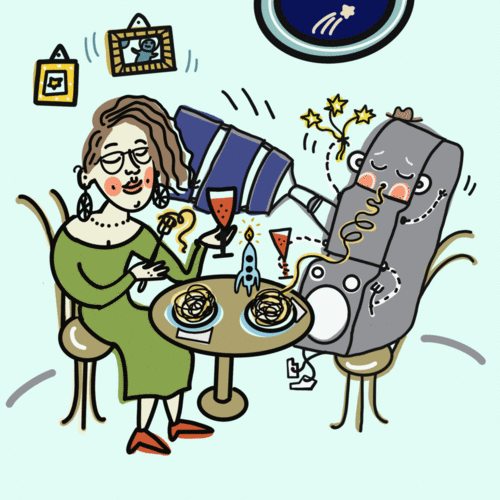 Animated GIF with Dr Hayley Evers-King having dinner with Sentinel-3 satellite, Illustrator Olga Yakubovskaya